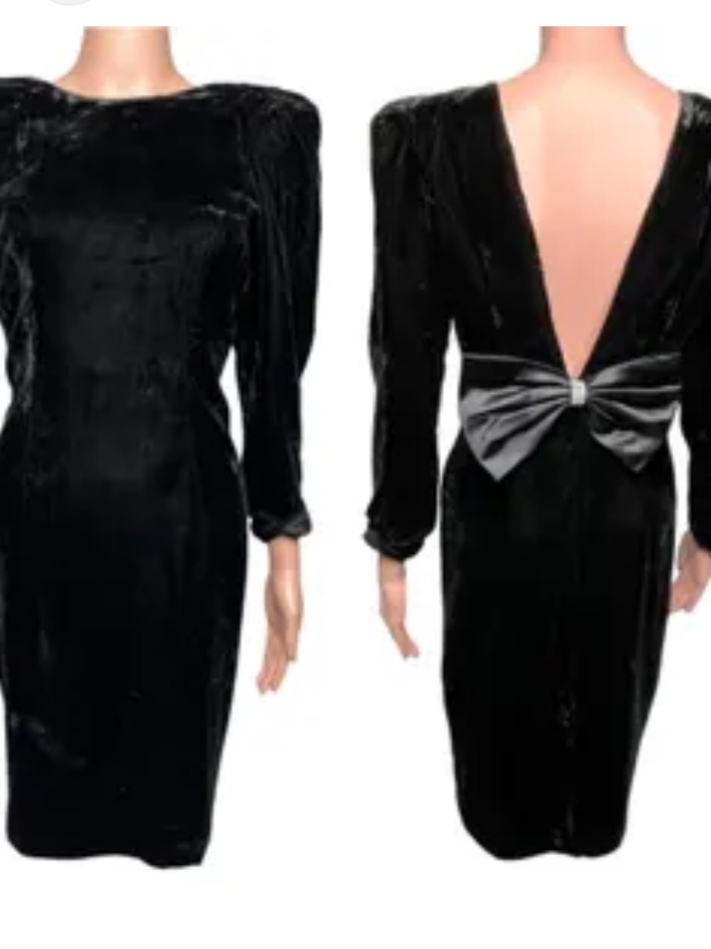 Vintage Rendition Black Velour Backless Dress Satin Bow Accent Cocktail Size 8
